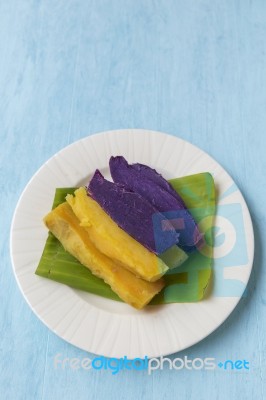 Purple And Yellow Sweet Potato On Banana Leaf Stock Photo