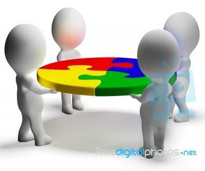 Puzzle Solved And 3d Characters Shows Team And Teamwork Stock Image