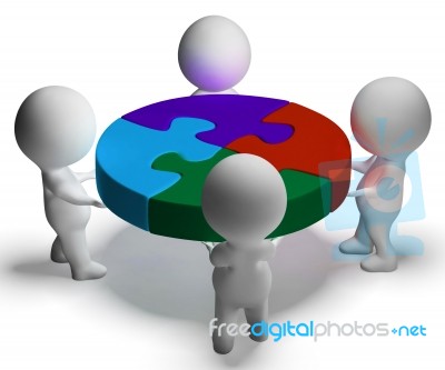 Puzzle Solved And 3d Characters Shows Union And Cooperation Stock Image