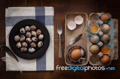 Quail Eggs Flat Lay Still Life Rustic With Food Stylish Stock Photo