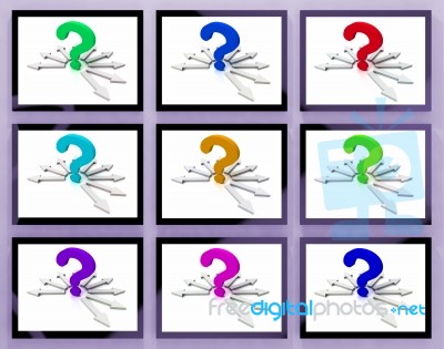 Question Marks On Monitors Showing Asked Questions Stock Image