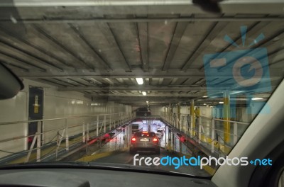 Queue Of Cars In The Ferry Stock Photo