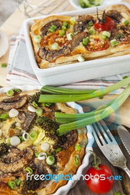 Quiche Lorraine With Chicken, Mushrooms And Broccoli Stock Photo