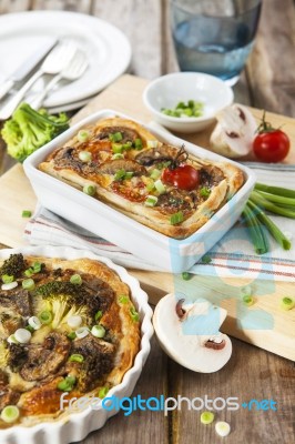 Quiche Lorraine With Chicken, Mushrooms And Broccoli Stock Photo