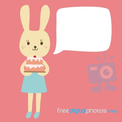 Rabbit Cartoon Holding A Birthday Cake With Bubble Space For Your Text Stock Image