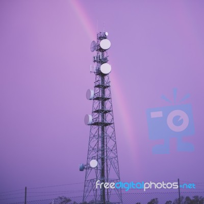 Radio Tower In Queensland With A Rainbow Stock Photo