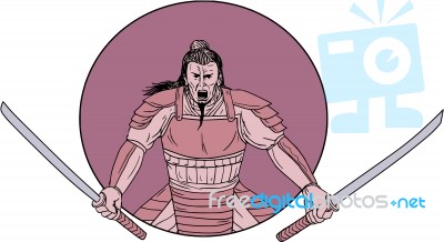 Raging Samurai Warrior Two Swords Oval Drawing Stock Image