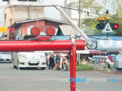 Railway. Car Stop Near The Barricade At The Railroad Crossing  Stock Photo