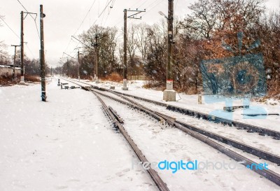 Railway Receding Into The Distance In The Winter Stock Photo