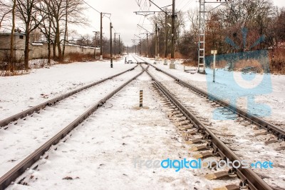 Railway Receding Into The Distance In The Winter Stock Photo