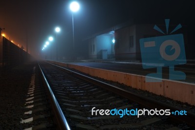 Railway Station At Night Stock Photo