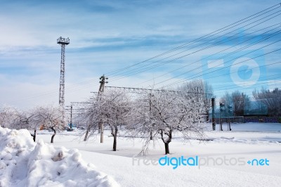 Railway Station In Winter. Snow-covered Urban Scene Stock Photo