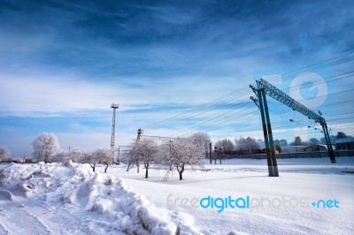 Railway Station In Winter. Snow-covered Urban Scene Stock Photo