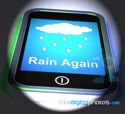 Rain Again On Phone Displays Wet  Miserable Weather Stock Image