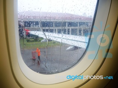 Rain Drop. Window Airplane Stock Photo