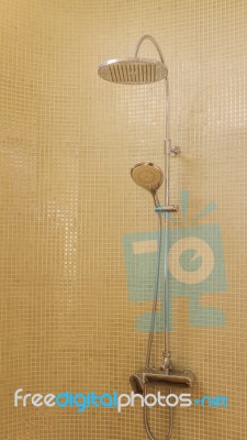 Rain Shower In Luxury Bathroom With Green Mosaic Tile Stock Photo