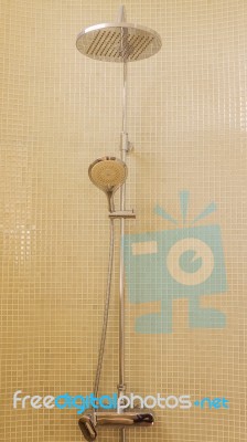 Rain Shower In Luxury Bathroom With Green Mosaic Tile Stock Photo