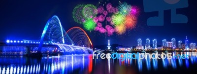 Rainbow Fountain Show At Expo Bridge And Firework Festival In Daejeon,south Korea Stock Photo