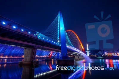 Rainbow Fountain Show At Expo Bridge In South Korea Stock Photo