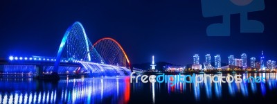 Rainbow Fountain Show At Expo Bridge In South Korea Stock Photo