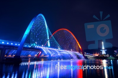 Rainbow Fountain Show At Expo Bridge In South Korea Stock Photo