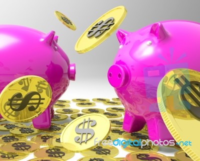 Raining Coins On Piggybanks Shows American Profit Stock Image