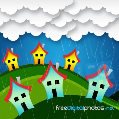 Rainy Houses Indicates Bungalow Property And Apartment Stock Image