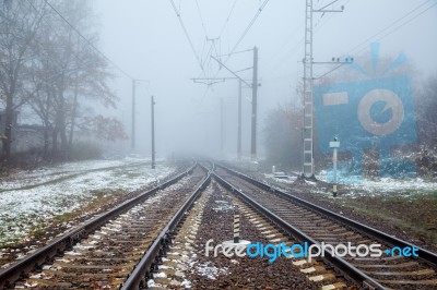 Raiway On Foggy Day Stock Photo