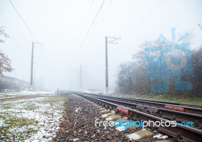 Raiway On Foggy Day Stock Photo