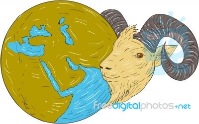 Ram Head Middle East Globe Drawing Stock Image