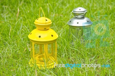 Ramadan Lamps On Green Grass Stock Photo