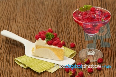 Raspberry Cheesecake With Fresh Raspberries Juice Stock Photo