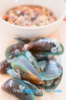 Raw Asian Green Mussel Stock Photo