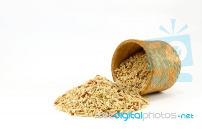 Raw Brown Rice In Bamboo Box; Kratip Stock Photo