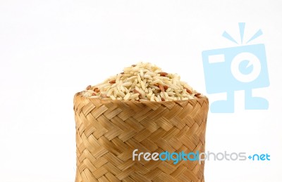 Raw Brown Rice In Bamboo Box; Kratip Stock Photo