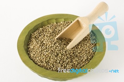 Raw Hemp Seeds Wooden Laddle Close Up Stock Photo