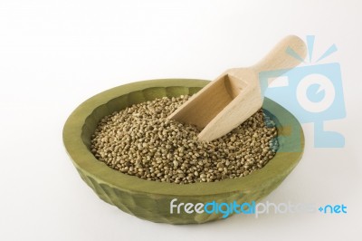 Raw Hemp Seeds Wooden Laddle Close Up Stock Photo