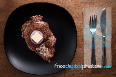 Raw Pork Steak Still Life On Wooden Background Stock Photo