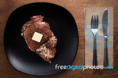 Raw Pork Steak Still Life On Wooden Background Stock Photo