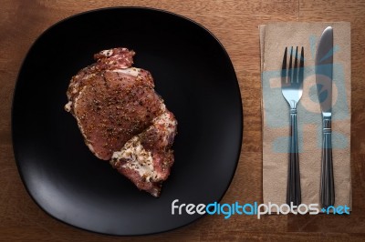 Raw Pork Steak Still Life On Wooden Background Stock Photo