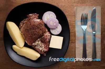 Raw Pork Steak Still Life On Wooden Background Stock Photo