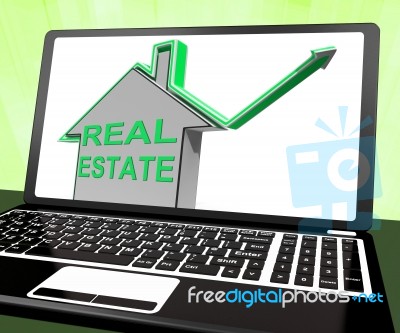 Real Estate House Laptop Means Selling Or Buying Land And Proper… Stock Image