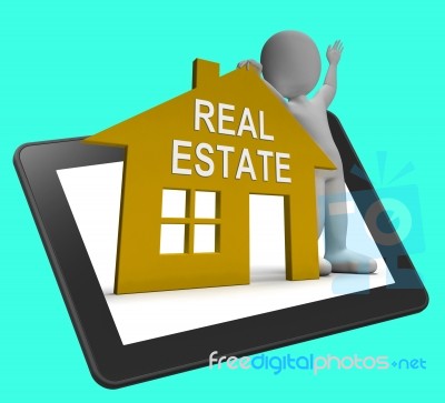 Real Estate House Tablet Shows Land And Buildings For Sale Stock Image