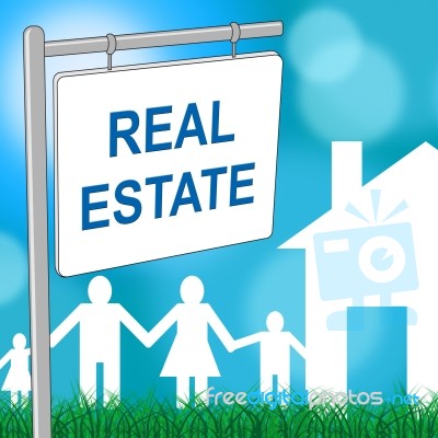 Real Estate Sign Indicates For Sale And Buildings Stock Image