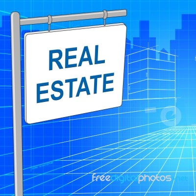 Real Estate Sign Represents For Sale And Buildings Stock Image