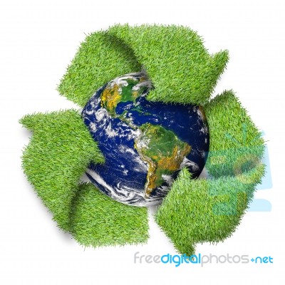 Recycle Logo Symbol From The Green Grass And Earth Stock Photo