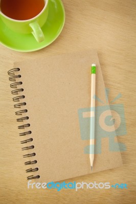 Recycle Notebook And Wooden Pencil Stock Photo