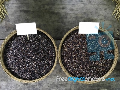 Red And Black Organic Brown Rice In Thai Traditional Basketry Stock Photo