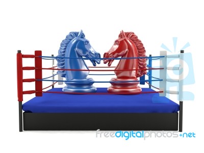 Red And Blue Chess Knight Confronting In Boxing Ring Stock Image