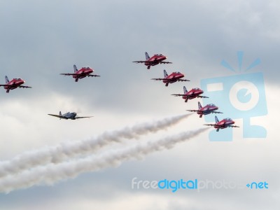 Red Arrows 50th Anniversary At Biggin Hill Airport Escorting A S… Stock Photo